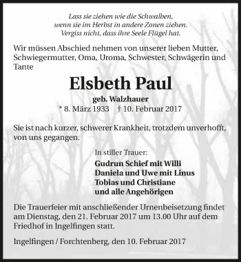 Traueranzeige von Elsbeth Paul 