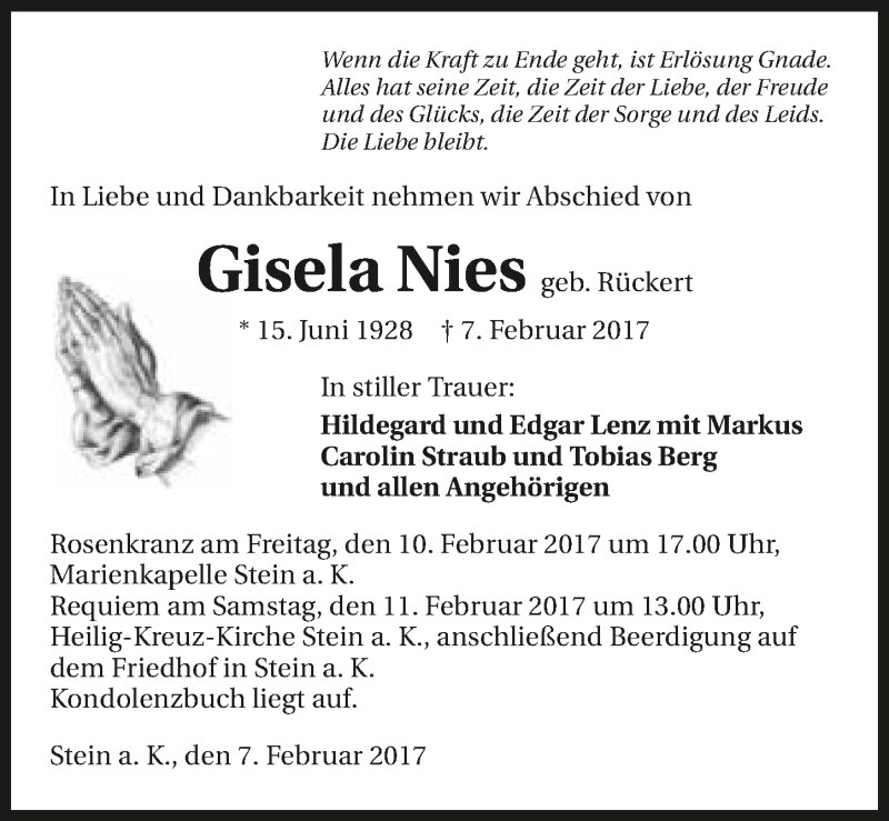  Traueranzeige für Gisela Nies vom 09.02.2017 aus 