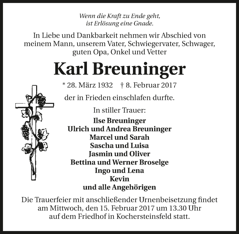  Traueranzeige für Karl Breuninger vom 11.02.2017 aus 