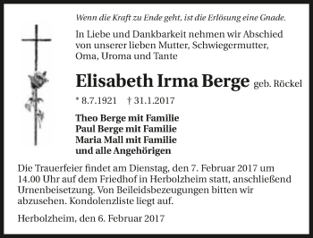 Traueranzeige von Elisabeth Irma Berge 