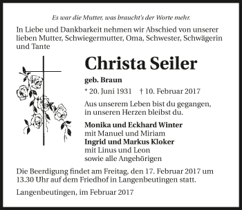 Traueranzeige von Christa Seiler 