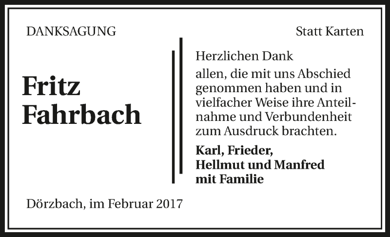  Traueranzeige für Fritz Fahrbach vom 15.02.2017 aus 