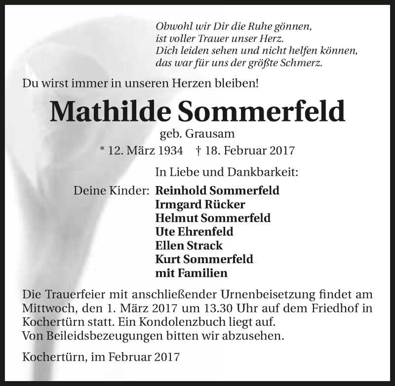  Traueranzeige für Mathilde Sommerfeld vom 25.02.2017 aus 