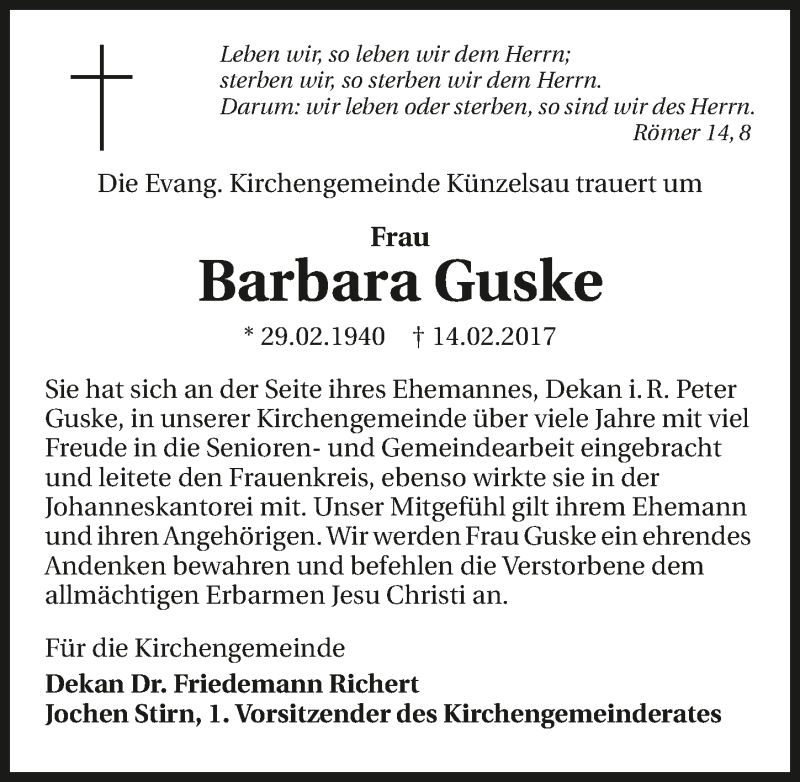  Traueranzeige für Barbara Guske vom 18.02.2017 aus 