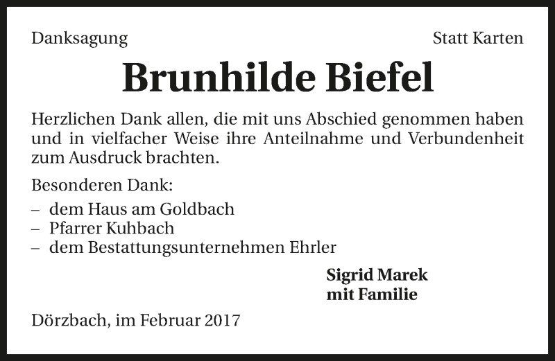  Traueranzeige für Brunhilde Biefel vom 18.02.2017 aus 