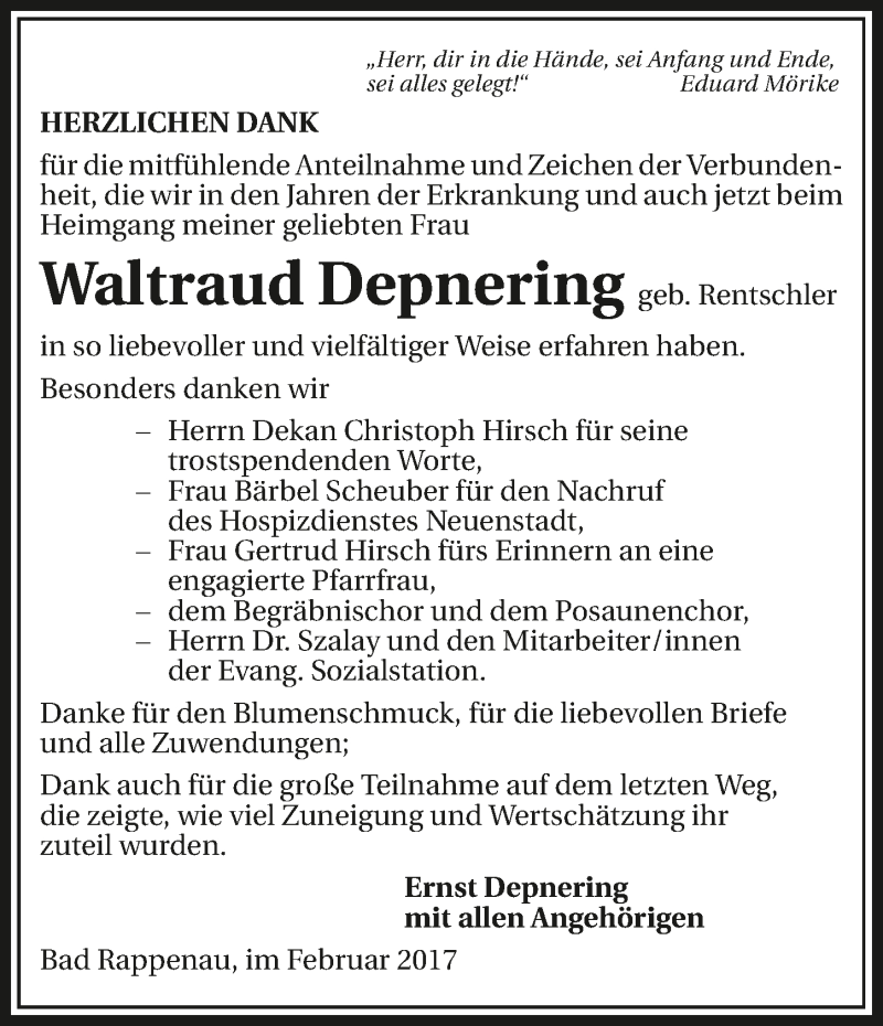 Traueranzeige für Waltraud Depnering vom 18.02.2017 aus 