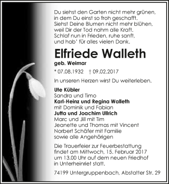 Traueranzeige von Elfriede Walleth 