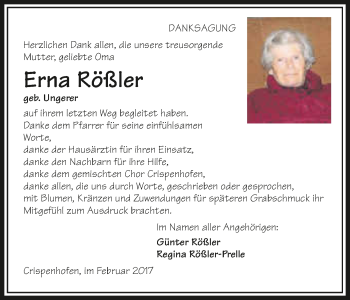 Traueranzeige von Erna Rößler 