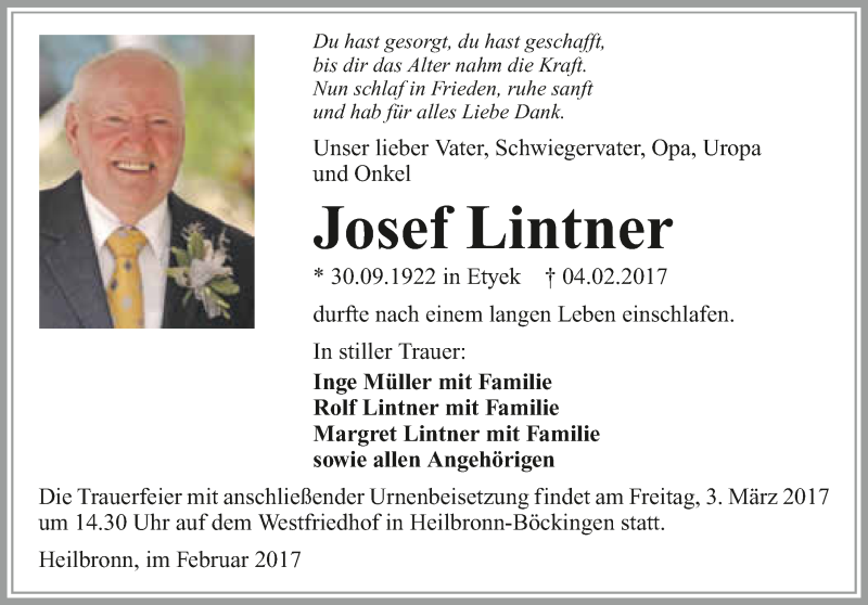  Traueranzeige für Josef Lintner vom 11.02.2017 aus 