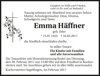 Traueranzeige von Emma Häffner 