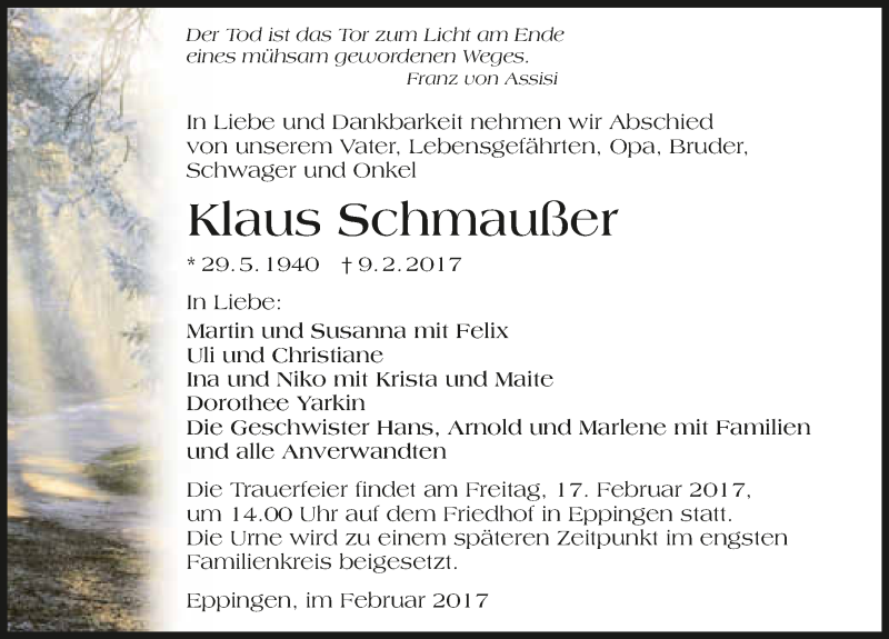  Traueranzeige für Klaus Schmaußer vom 14.02.2017 aus 