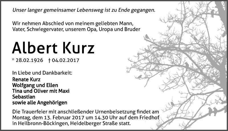  Traueranzeige für Albert Kurz vom 10.02.2017 aus 