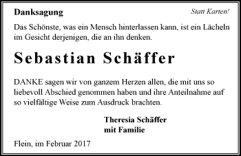 Traueranzeige von Sebastian Schäffer 