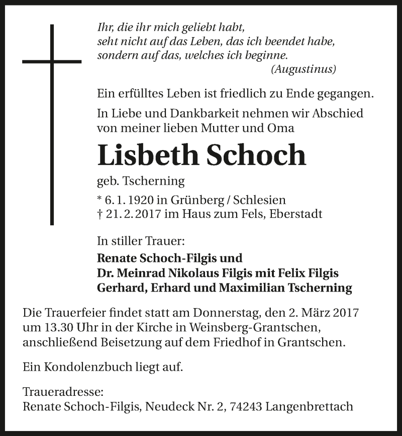  Traueranzeige für Lisbeth Schoch vom 25.02.2017 aus 