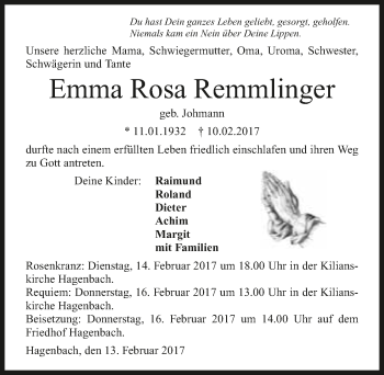 Traueranzeige von Emma Rosa Remmlinger 