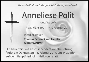 Traueranzeige von Anneliese Polit 