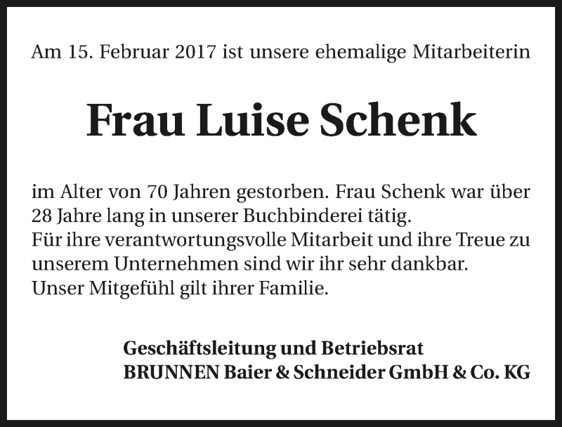  Traueranzeige für Luise Schenk vom 21.02.2017 aus 
