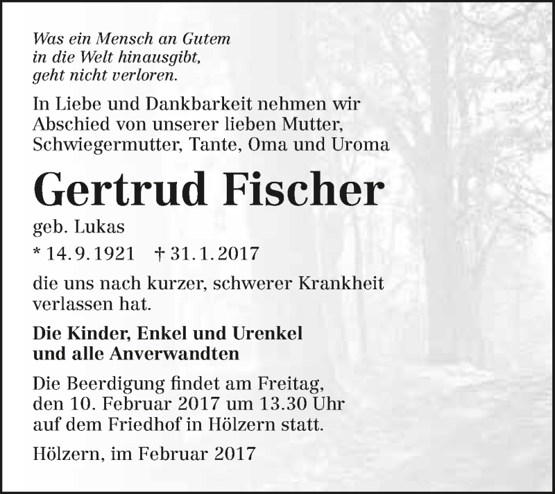  Traueranzeige für Gertrud Fischer vom 08.02.2017 aus 