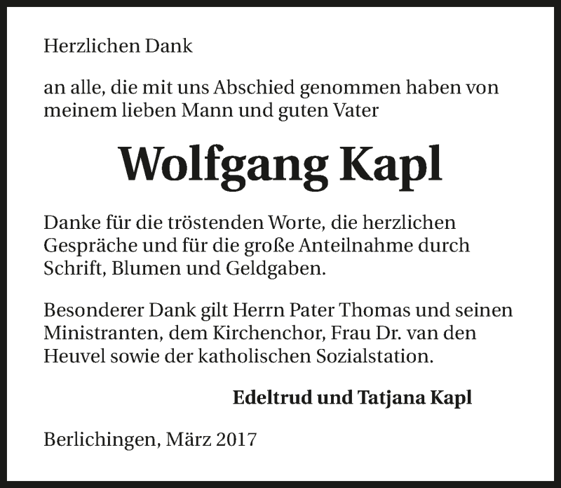  Traueranzeige für Wolfgang Kapl vom 01.03.2017 aus 