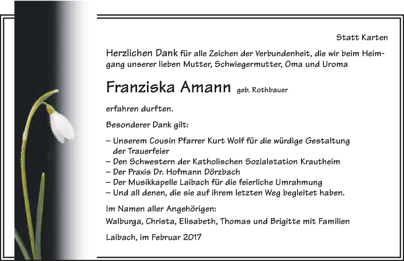  Traueranzeige für Franziska Amann vom 09.02.2017 aus 