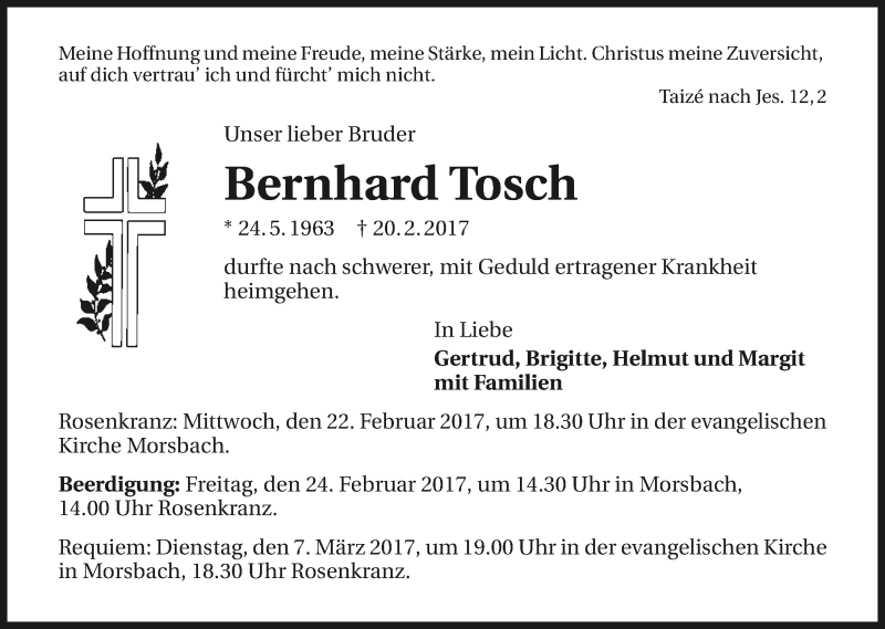  Traueranzeige für Bernhard Tosch vom 22.02.2017 aus 