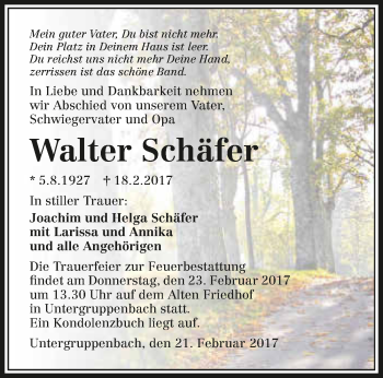 Traueranzeige von Walter Schäfer 
