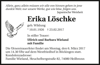 Traueranzeige von Erika Löschke 