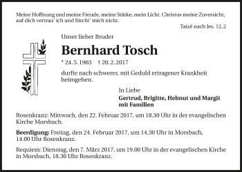 Traueranzeige von Bernhard Tosch 
