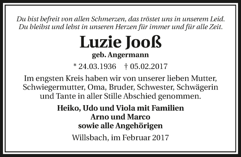  Traueranzeige für Luzie Jooß vom 14.02.2017 aus 