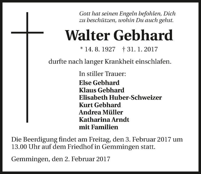  Traueranzeige für Walter Gebhard vom 02.02.2017 aus 