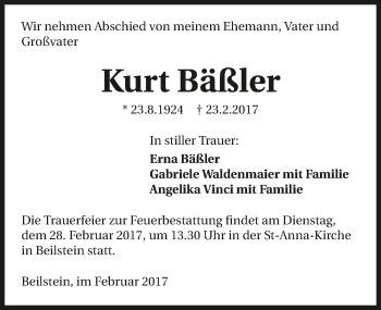 Traueranzeige von Kurt Bäßler 