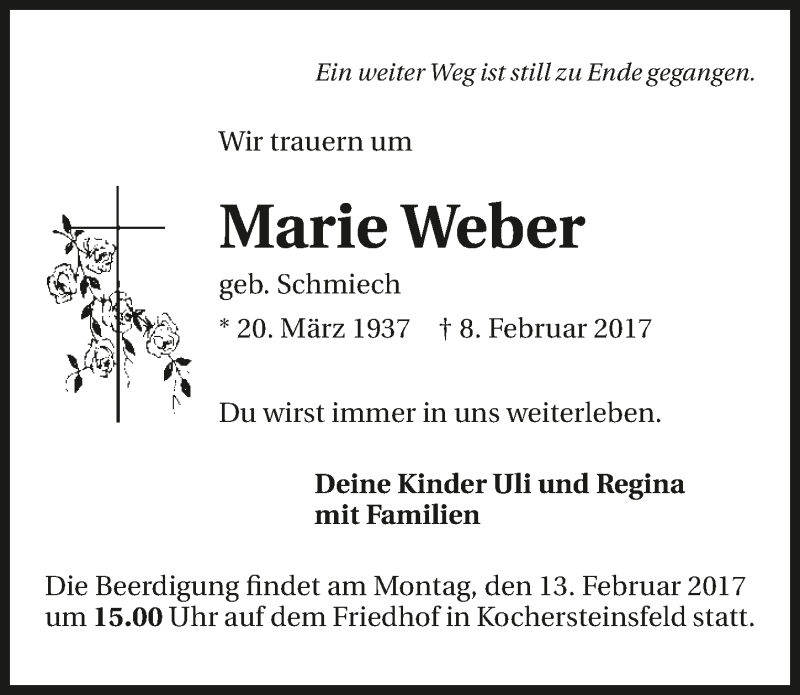  Traueranzeige für Marie Weber vom 10.02.2017 aus 