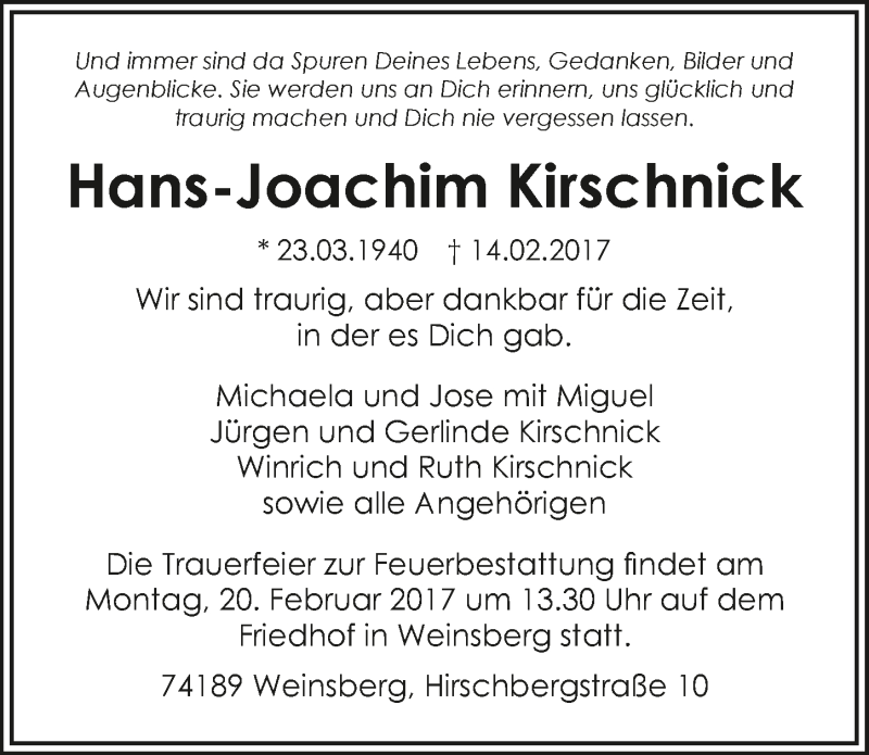  Traueranzeige für Hans-Joachim Kirschnik vom 16.02.2017 aus 