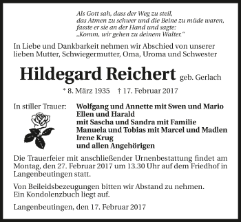 Traueranzeige von Hildegard Reichert 