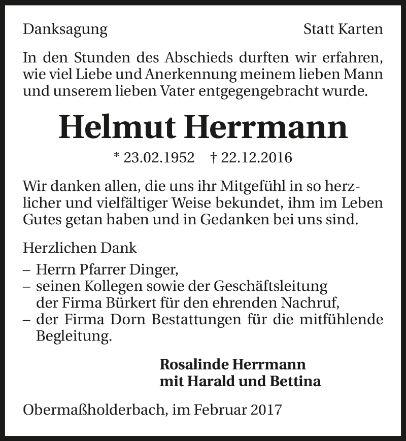  Traueranzeige für Helmut Herrmann vom 04.02.2017 aus 