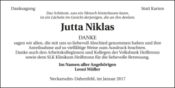Traueranzeige von Jutta Niklas 