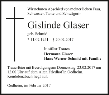 Traueranzeige von Gislinde Glaser 