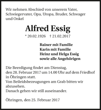 Traueranzeige von Alfred Essig 