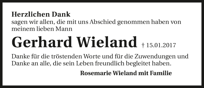  Traueranzeige für Gerhard Wieland vom 03.02.2017 aus 