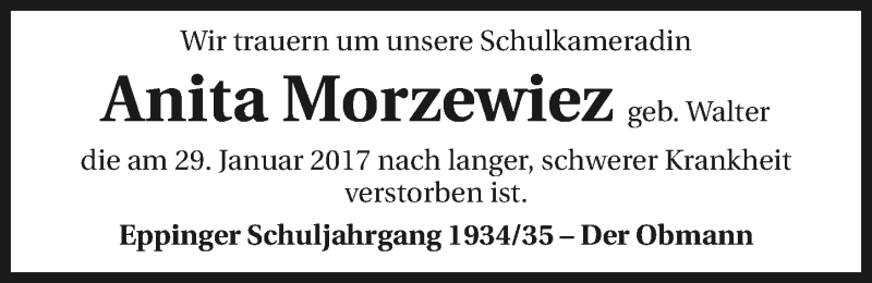  Traueranzeige für Anita Morzewiez vom 11.02.2017 aus 