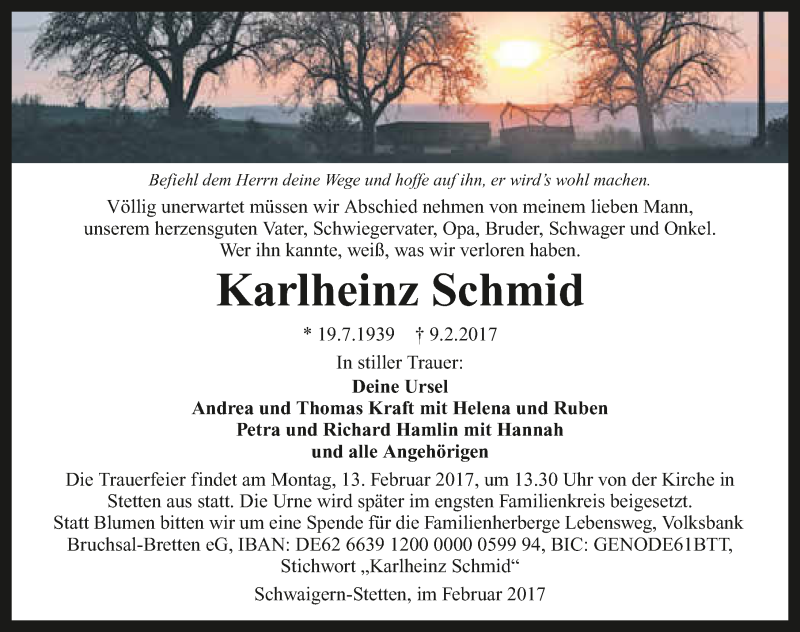  Traueranzeige für Karlheinz Schmid vom 11.02.2017 aus 