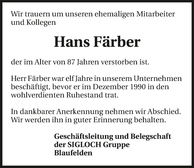  Traueranzeige für Hans Färber vom 21.02.2017 aus 