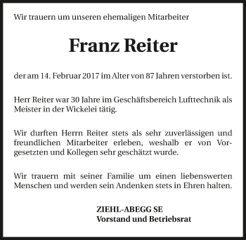Traueranzeige von Franz Reiter 
