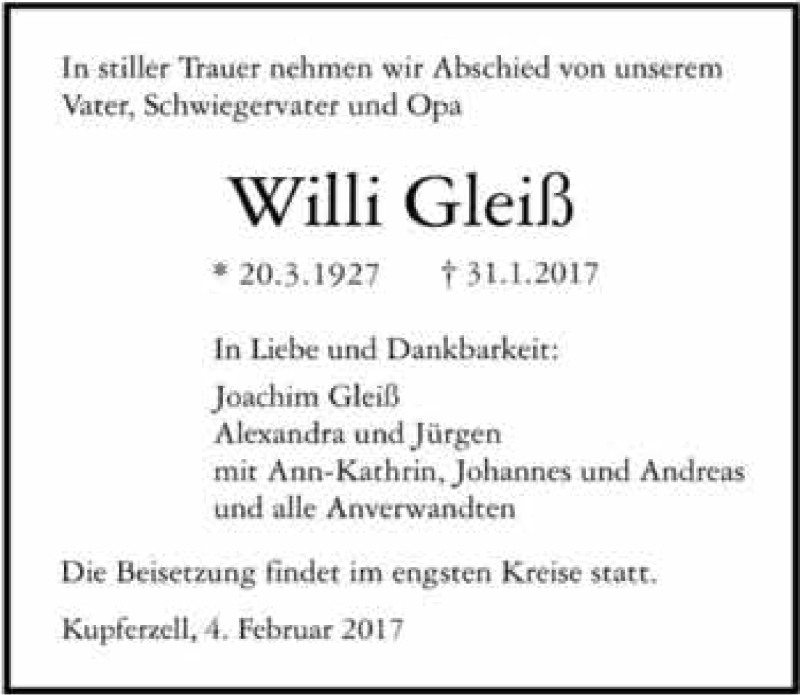  Traueranzeige für Willi Gleiß vom 04.02.2017 aus 