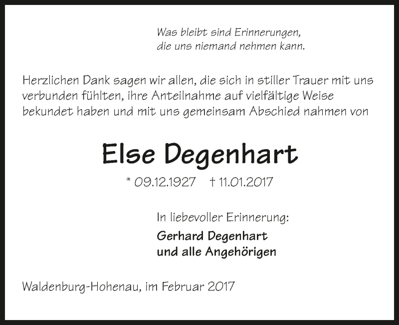  Traueranzeige für Else Degenhart vom 11.02.2017 aus 