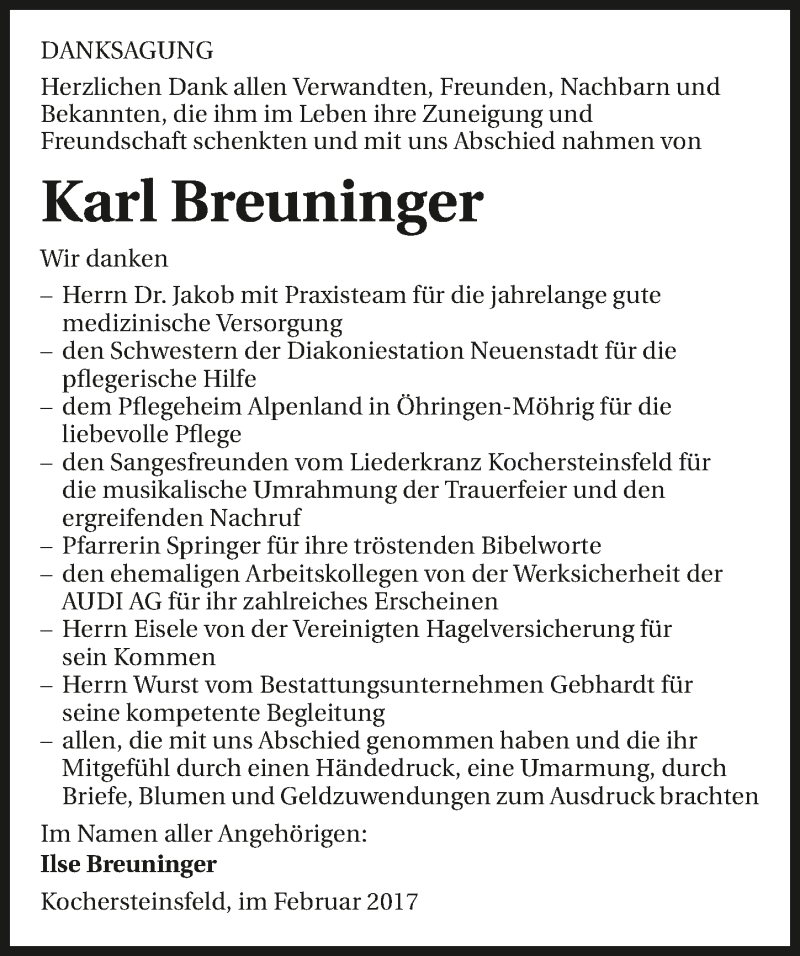  Traueranzeige für Karl Breuninger vom 18.02.2017 aus 