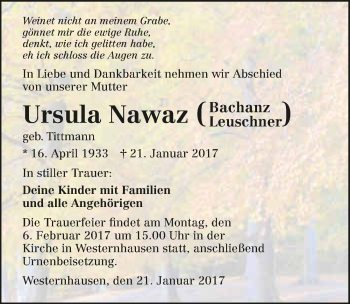 Traueranzeige von Ursula Nawaz 