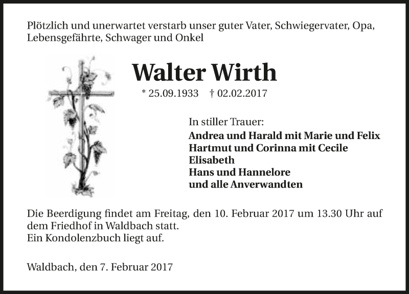  Traueranzeige für Walter Wirth vom 07.02.2017 aus 