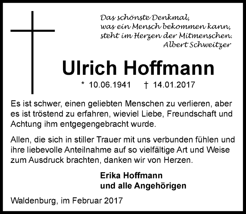  Traueranzeige für Ulrich Hoffmann vom 15.02.2017 aus 