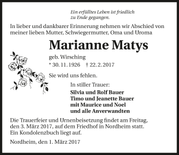 Traueranzeige von Marianne Matys 